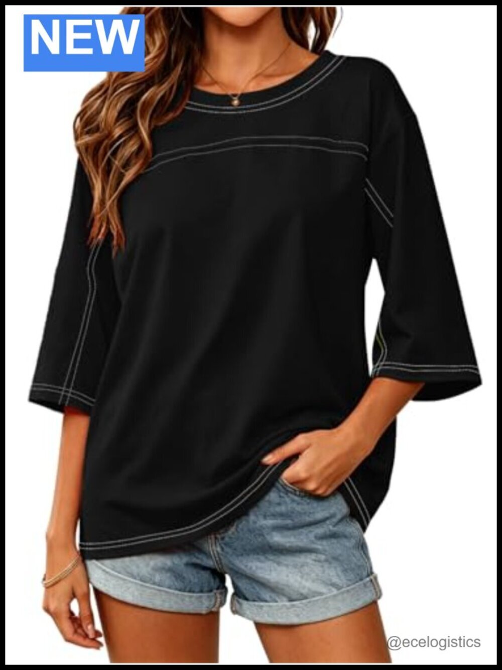 Oversized 3/4 Sleeve Tunic Tee - Loose Fit Crewneck Blouse